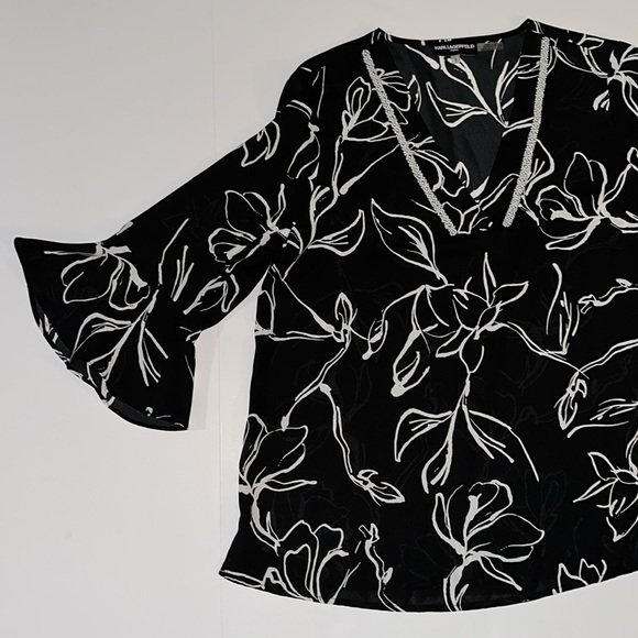 Karl Lagerfeld Paris Beaded Trim Bell Sleeves VNeck Pop Over Blouse Floral Print - Picture 7 of 12